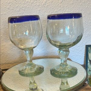 2 Chunky Blue Rimmed Hand Blown Glass Goblets